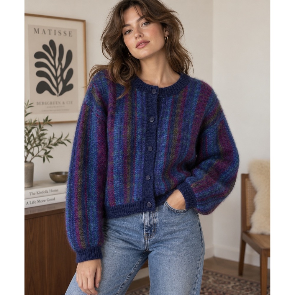 VTG Paul Harris Design Boxy Cardigan Women S Multi Mohair Striped Granny Oversiz